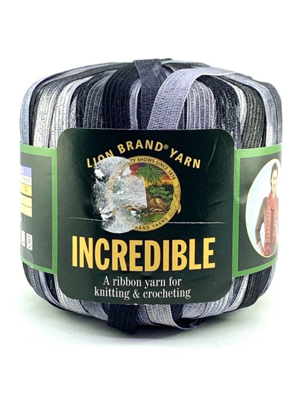 Lion Brand Incredible Vintage Ribbon Yarn #204 Accent on Black Skein 110yd Nylon